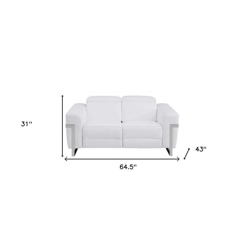 65" White And Silver Italian Leather Power Reclining Love Seat. Picture 7