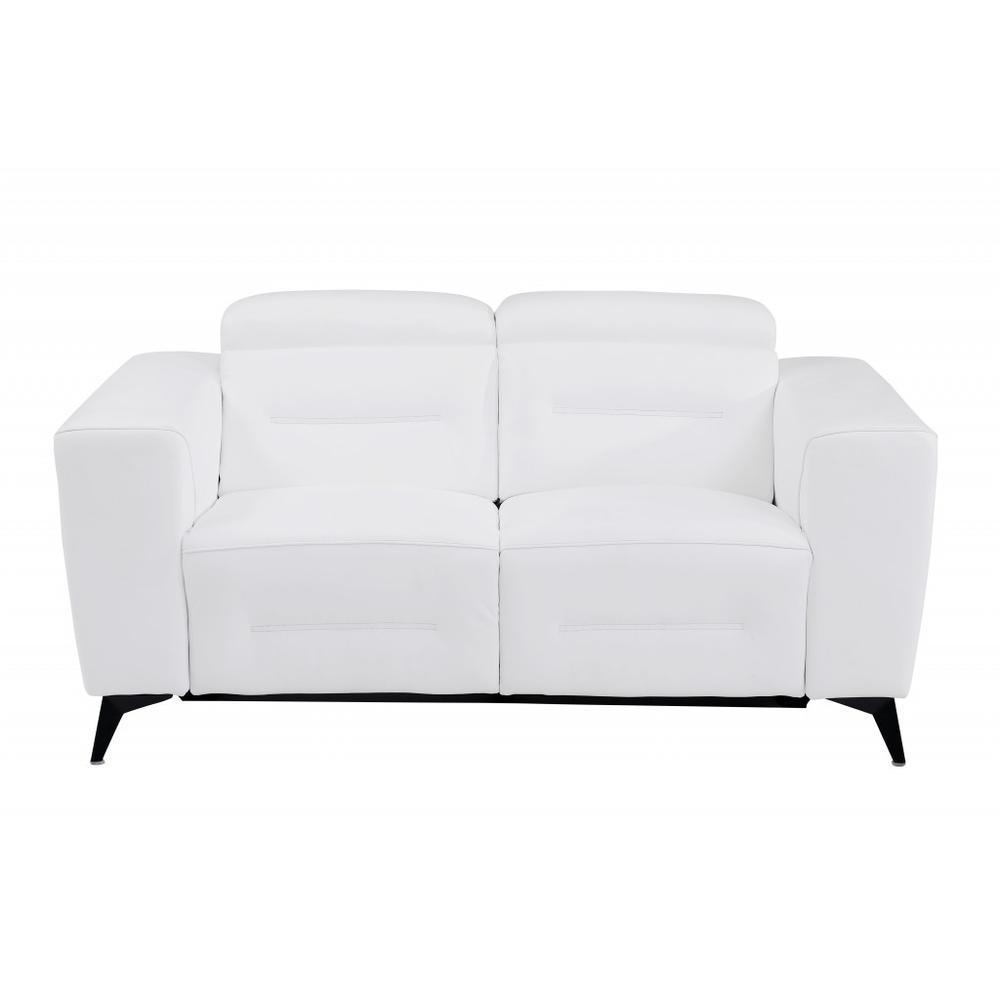 65" White And Black Italian Leather Power Reclining Love Seat. Picture 1