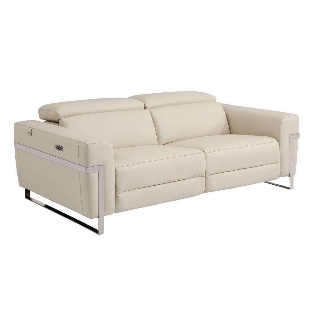 83" Beige And Silver Italian Leather Reclining USB Sofa. Picture 1