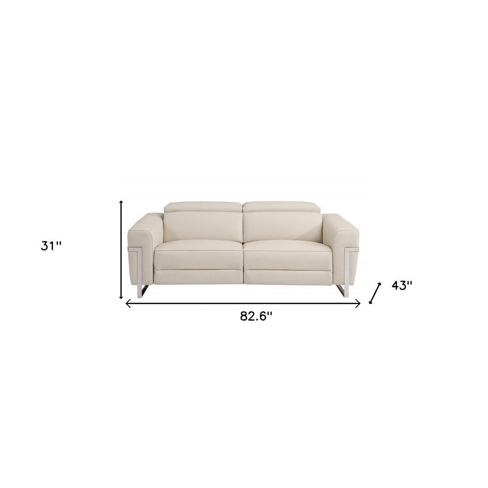 83" Beige And Silver Italian Leather Reclining USB Sofa. Picture 7