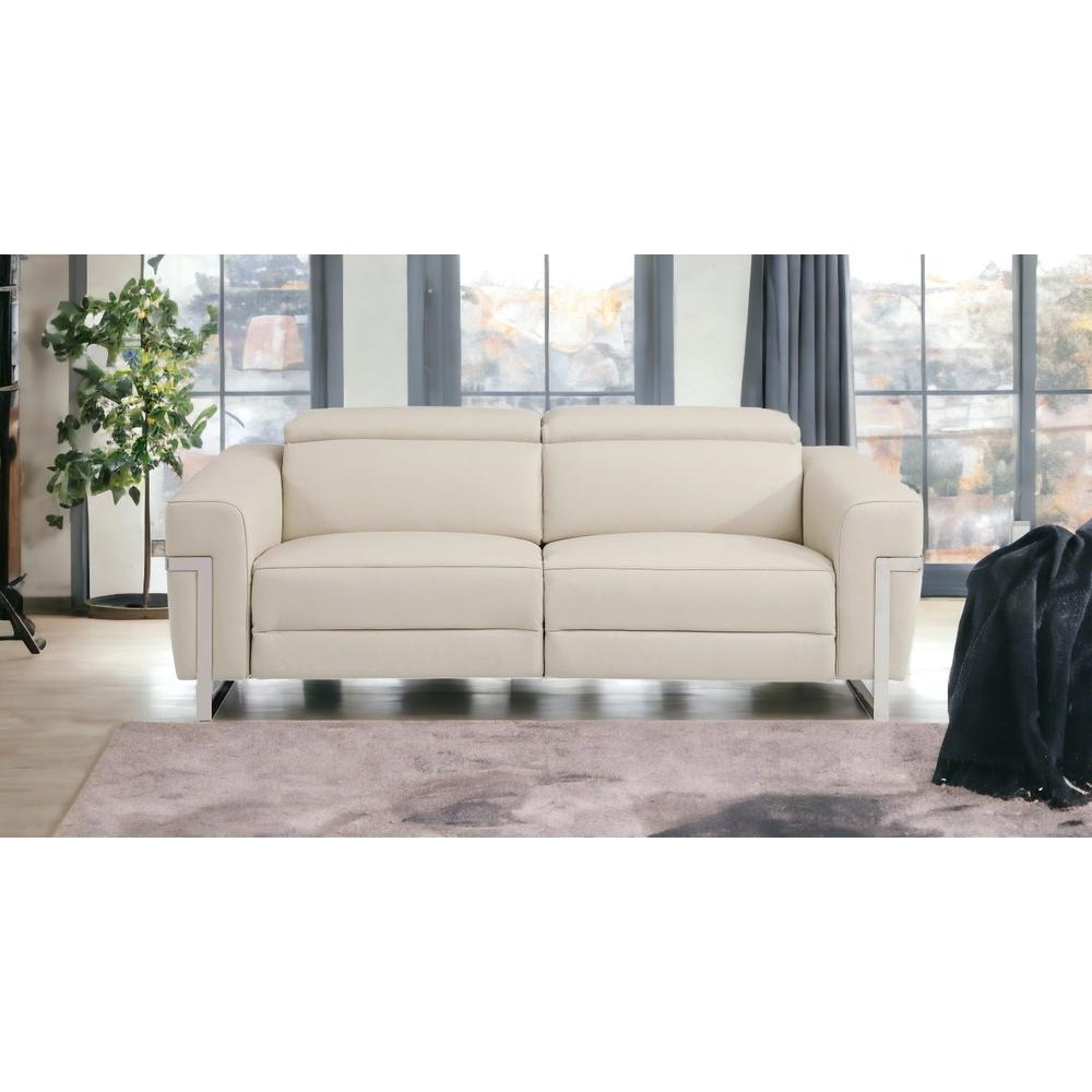 83" Beige And Silver Italian Leather Reclining USB Sofa. Picture 2