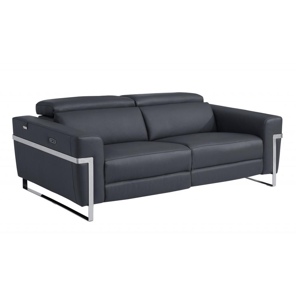 83" Dark Gray And Silver Italian Leather Reclining USB Sofa. Picture 1