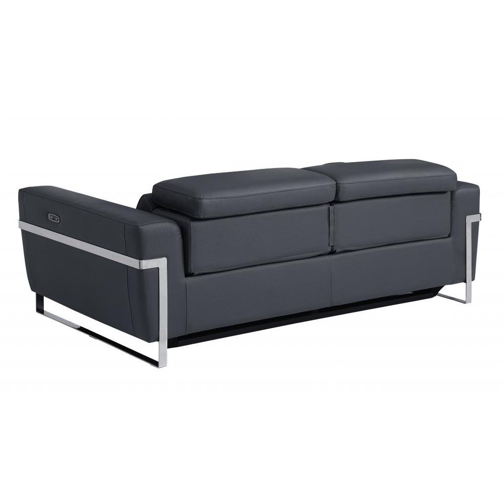 83" Dark Gray And Silver Italian Leather Reclining USB Sofa. Picture 4