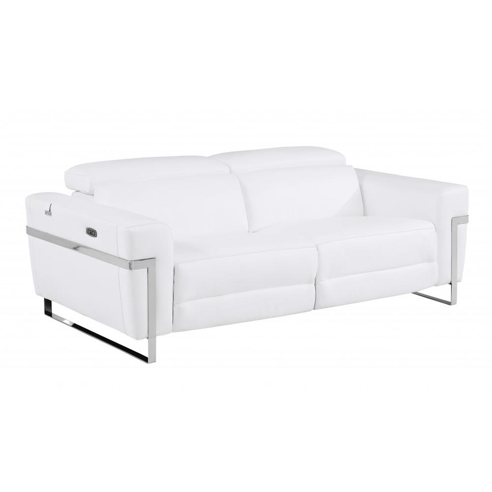 83" White And Silver Italian Leather Reclining USB Sofa. Picture 1