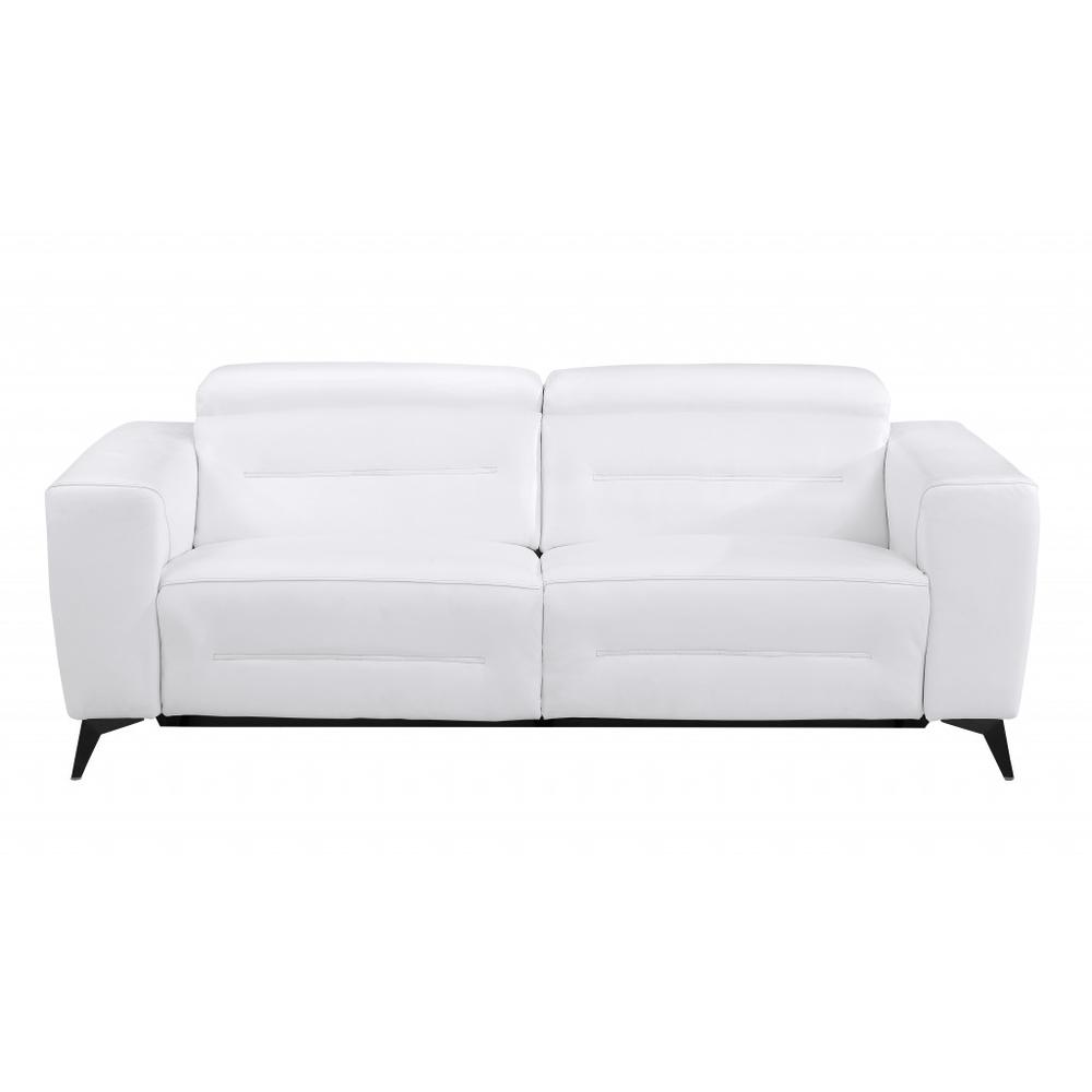 83" White And Black Italian Leather Reclining USB Sofa. Picture 1