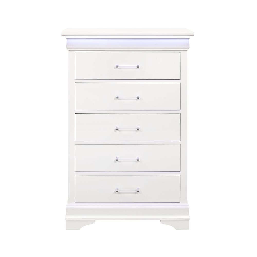 16" White Solid Wood Five Drawer Chest with LED Lighting. Picture 1