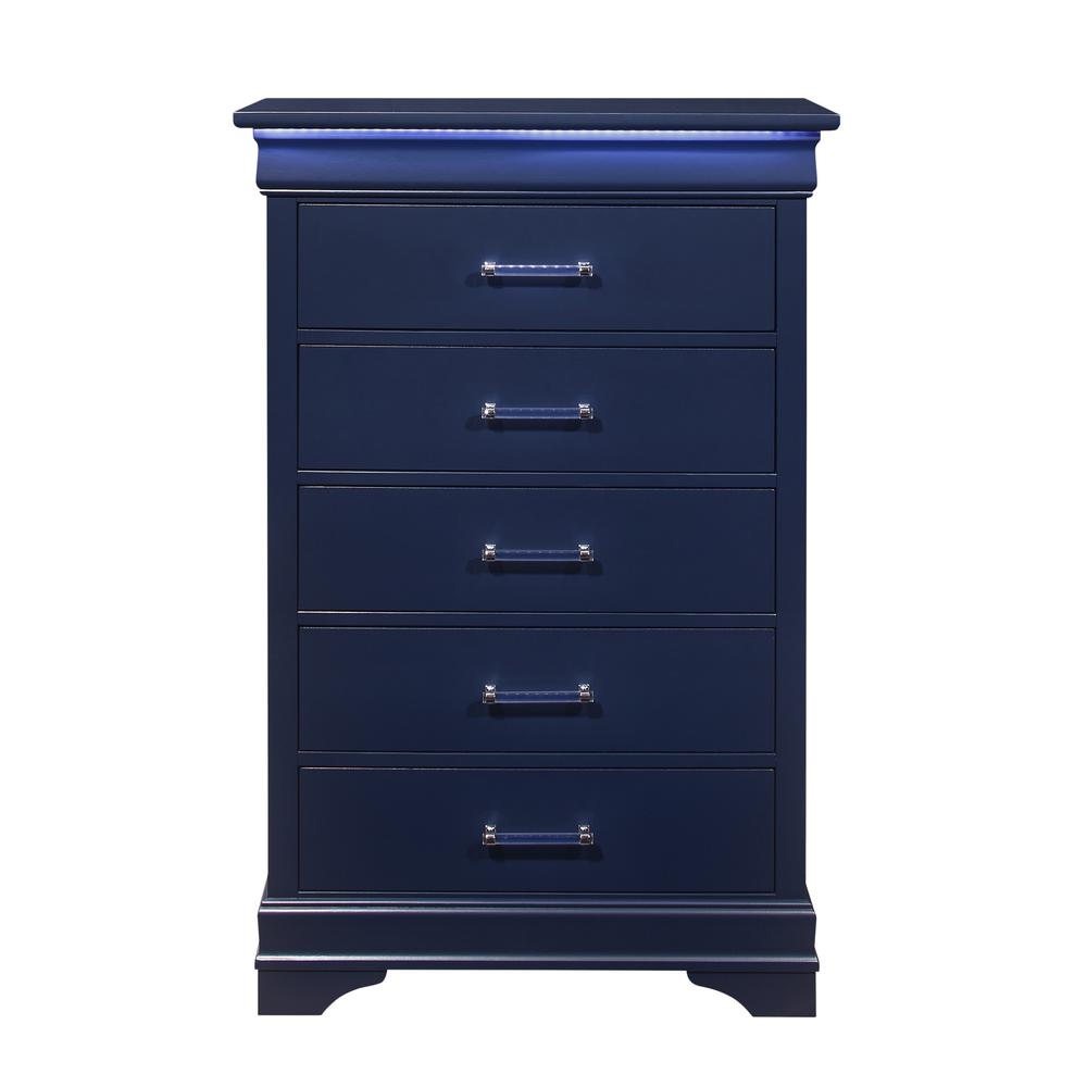 16" Blue Solid Wood Five Drawer Chest with LED Lighting. Picture 1