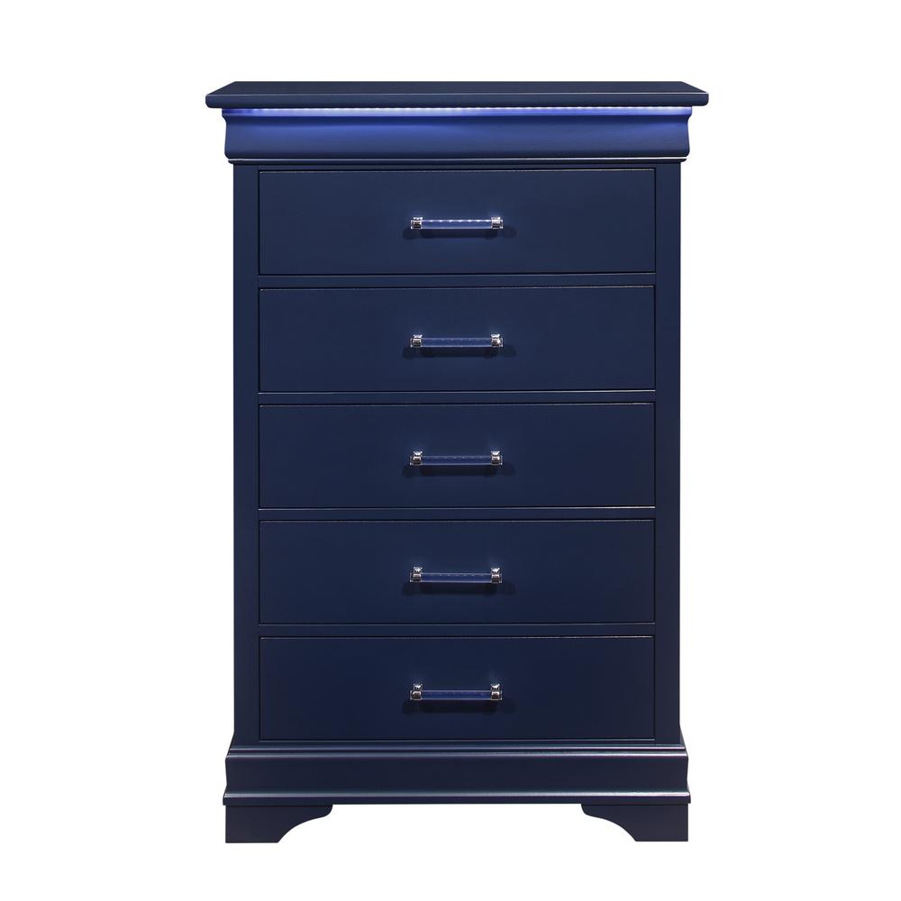 16" Blue Solid Wood Five Drawer Chest with LED Lighting. Picture 2
