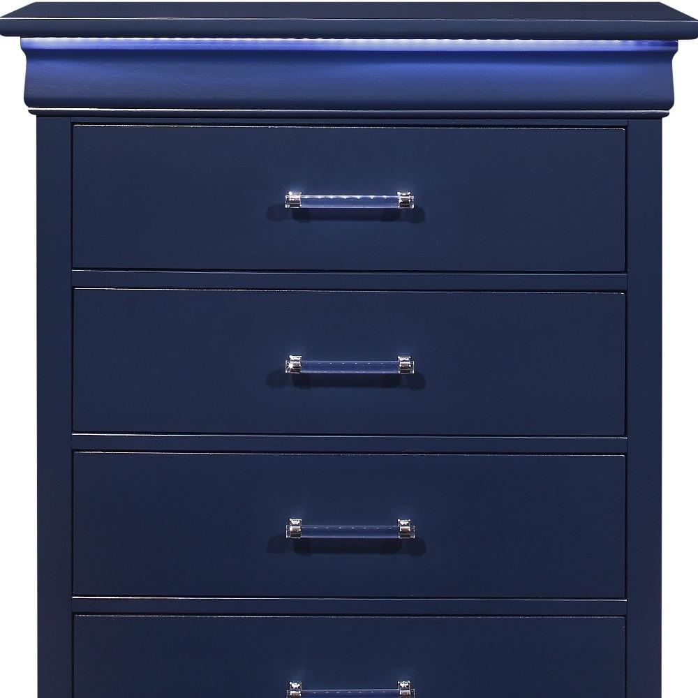 16" Blue Solid Wood Five Drawer Chest with LED Lighting. Picture 4