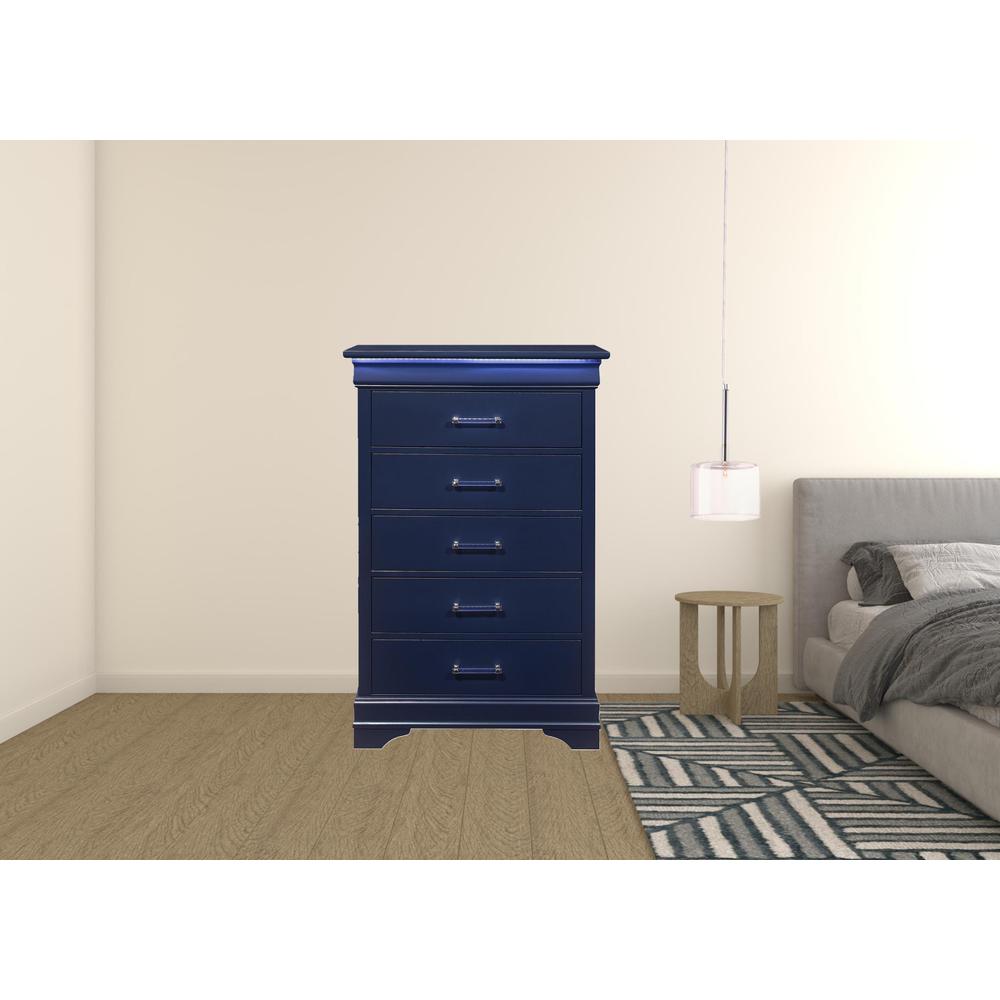 16" Blue Solid Wood Five Drawer Chest with LED Lighting. Picture 3