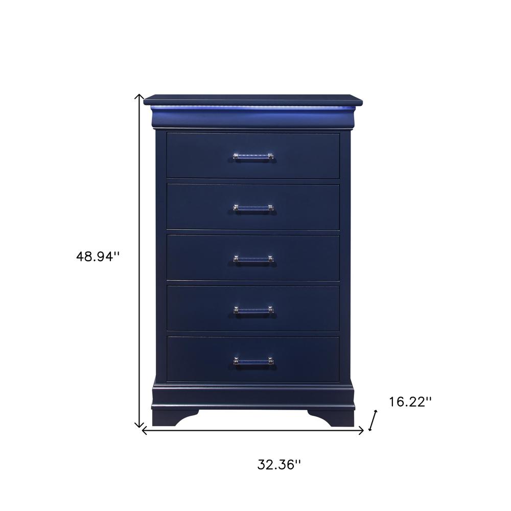 16" Blue Solid Wood Five Drawer Chest with LED Lighting. Picture 8