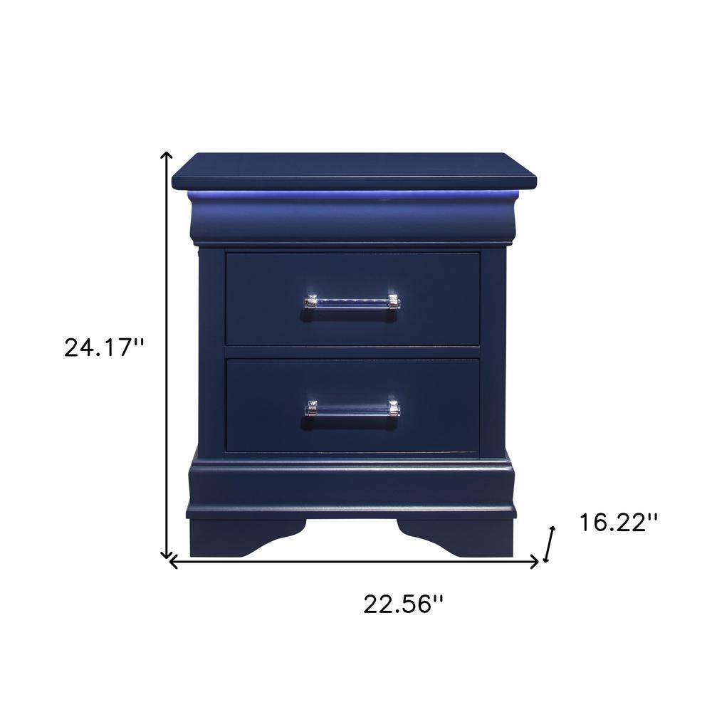 24" Blue Two Drawer Solid Wood Lighted Nightstand. Picture 6