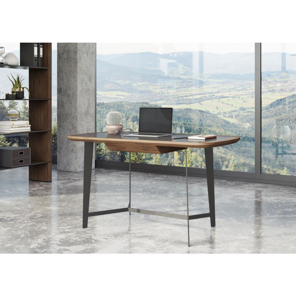 55" Walnut And Black Glass Rectangular Writing Desk. Picture 6