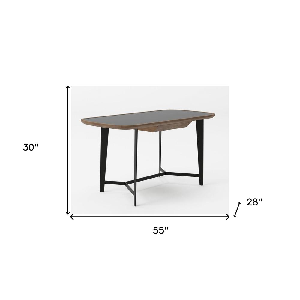 55" Walnut And Black Glass Rectangular Writing Desk. Picture 8