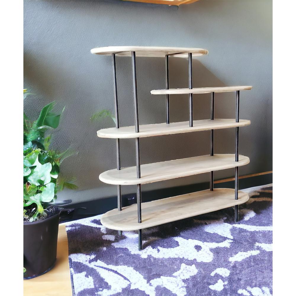 58" Whitewash Solid Wood and Gray Iron Five Tier Oval Bookcase. Picture 2