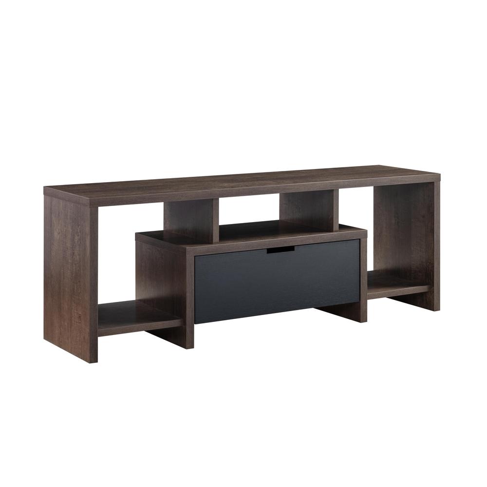 60" Walnut Oak And Black Manufactured Wood Cabinet Enclosed Storage TV Stand. Picture 1