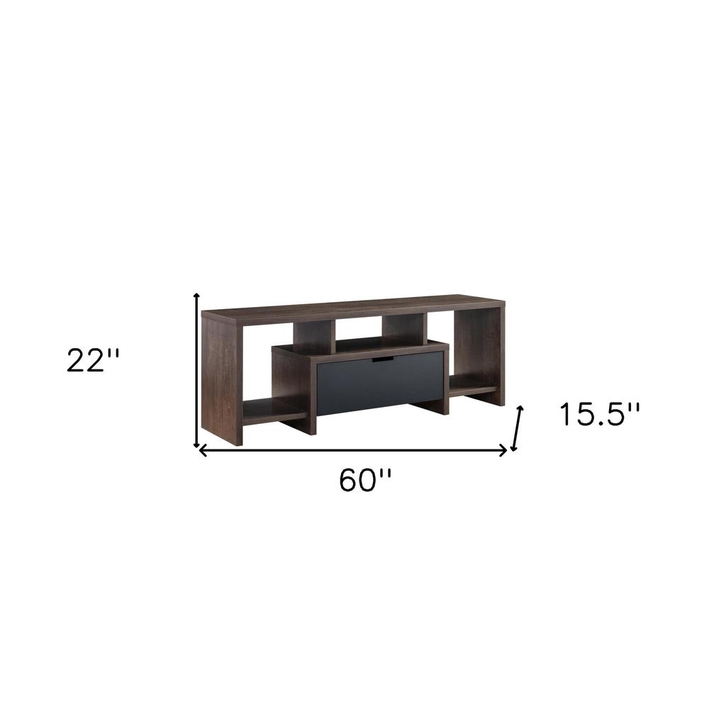 60" Walnut Oak And Black Manufactured Wood Cabinet Enclosed Storage TV Stand. Picture 9