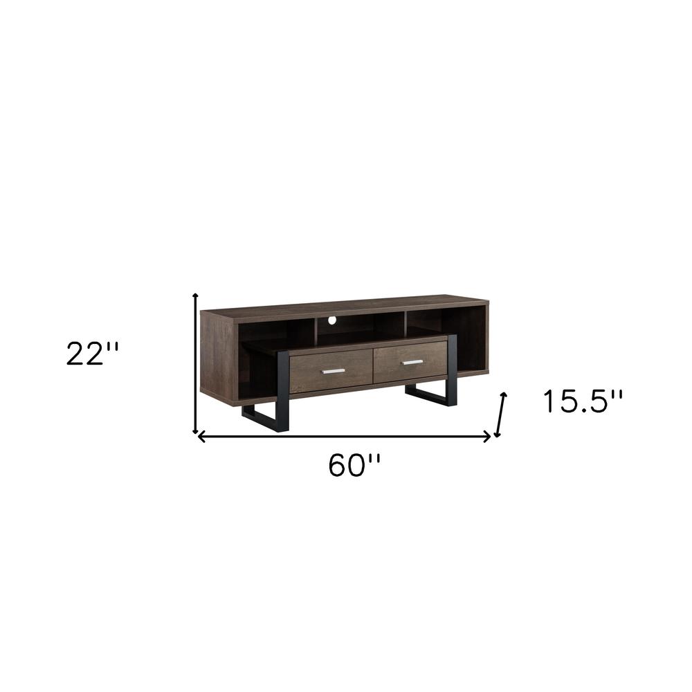 60" Walnut Oak And Black Manufactured Wood Cabinet Enclosed Storage TV Stand. Picture 8