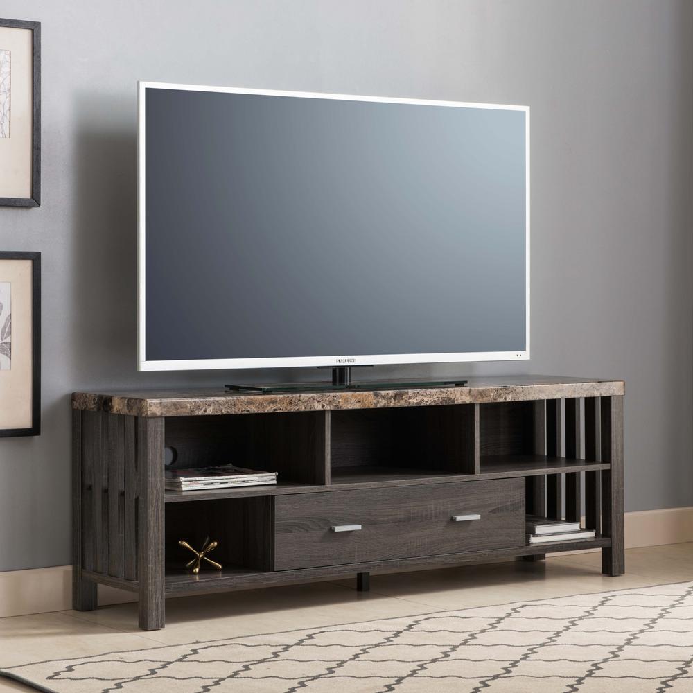 60" Dark Grey Faux Marble, Manufactured Wood Cabinet Enclosed Storage TV Stand. Picture 5