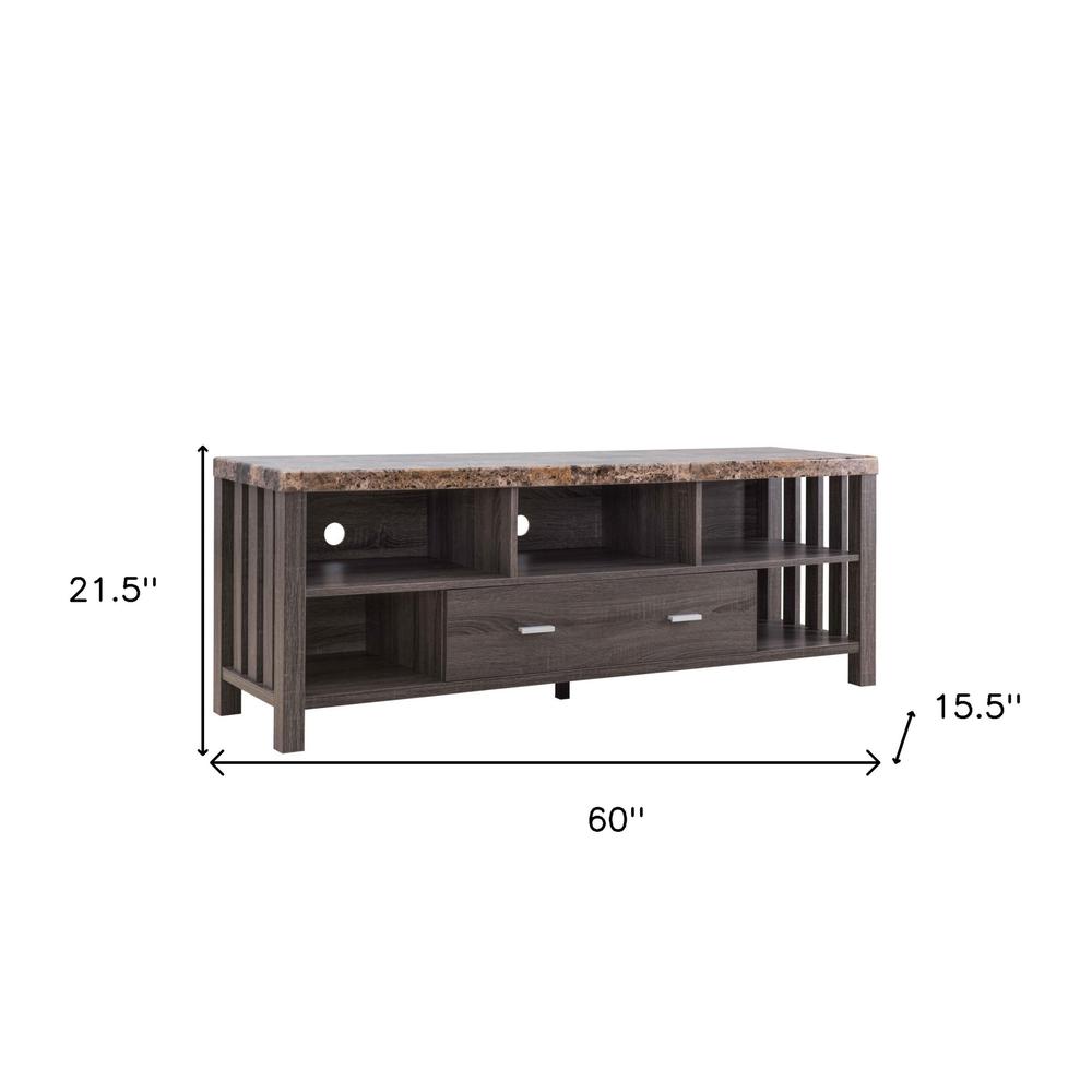 60" Dark Grey Faux Marble, Manufactured Wood Cabinet Enclosed Storage TV Stand. Picture 7