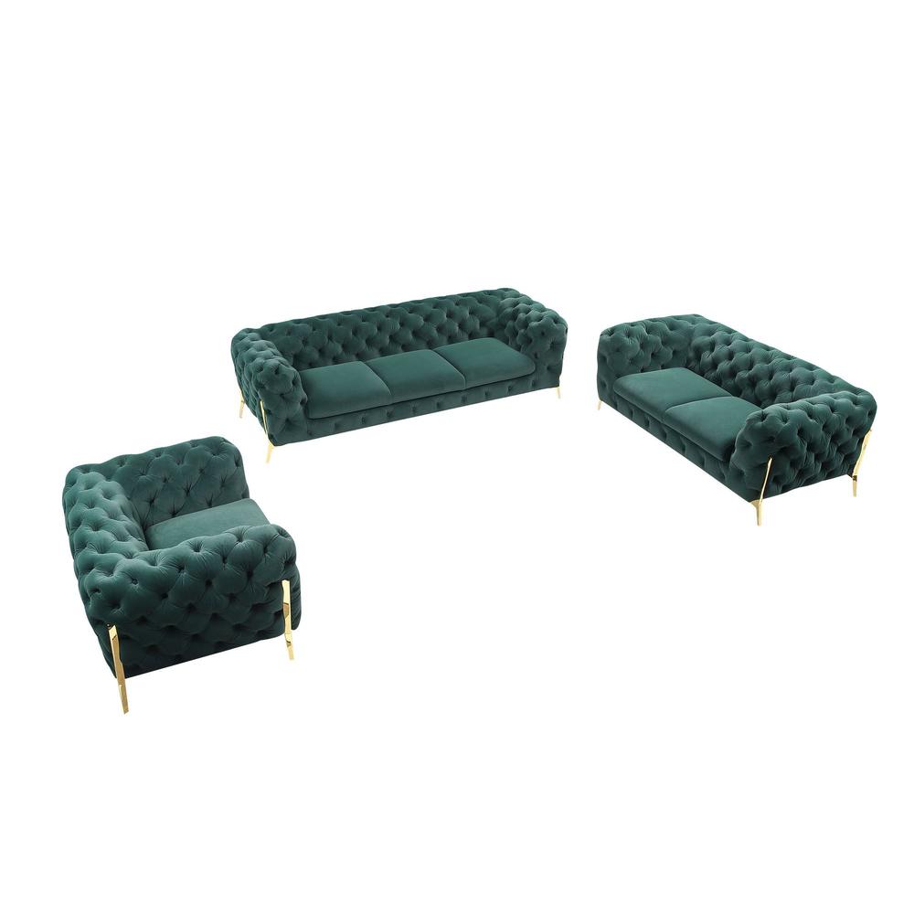 Three Piece Green Velvet Six Person Seating Set. Picture 1