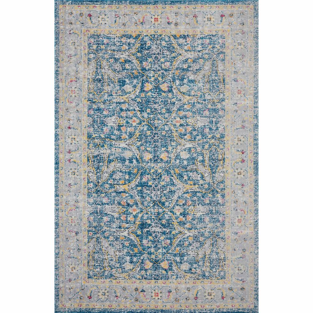 5' X 8' Blue Floral Stain Resistant Indoor Outdoor Area Rug. Picture 1