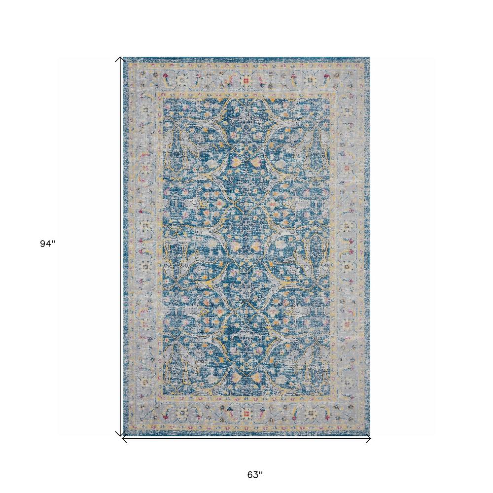 5' X 8' Blue Floral Stain Resistant Indoor Outdoor Area Rug. Picture 7
