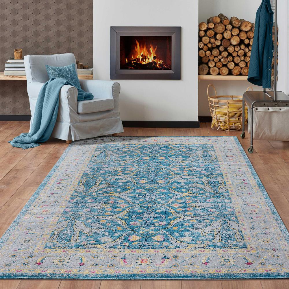 5' X 8' Blue Floral Stain Resistant Indoor Outdoor Area Rug. Picture 6