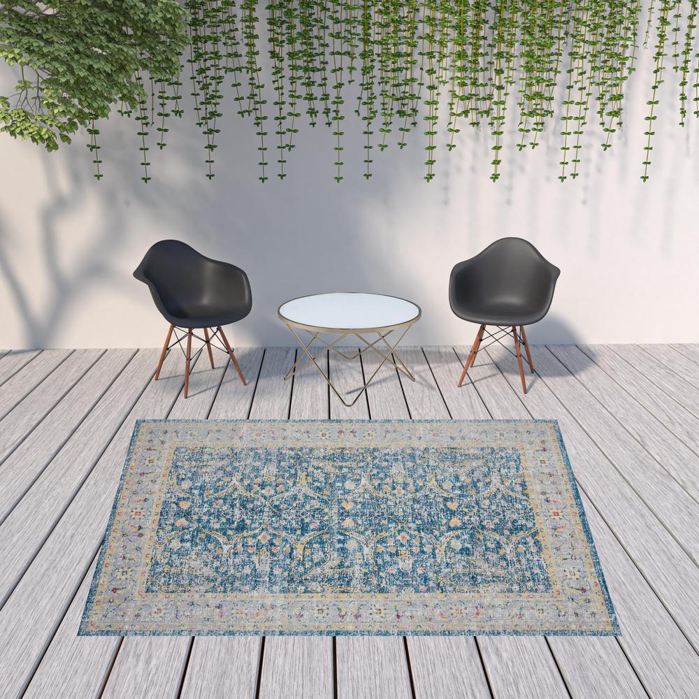 8' X 10' Blue Floral Stain Resistant Indoor Outdoor Area Rug. Picture 2