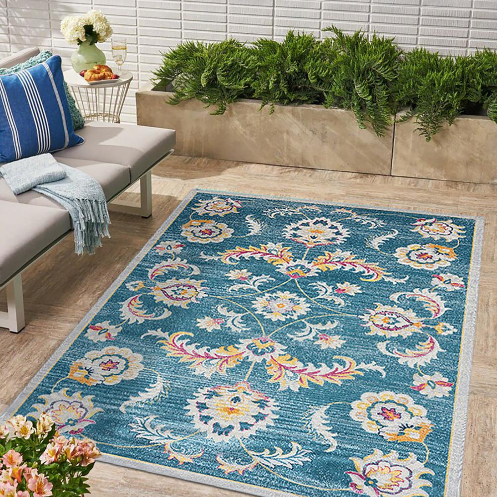 5' X 8' Blue And Ivory Floral Stain Resistant Indoor Outdoor Area Rug. Picture 8