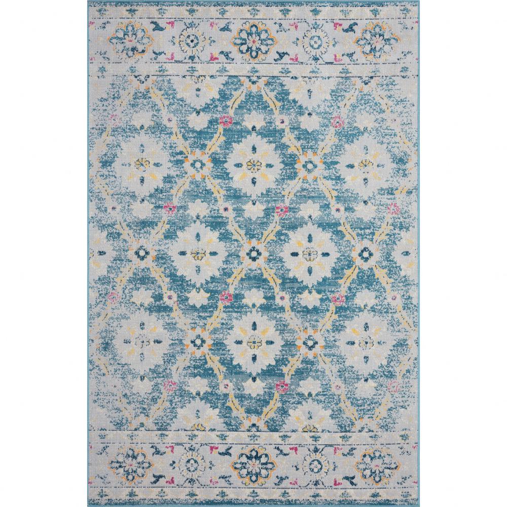 8' X 10' Blue And Gray Floral Stain Resistant Indoor Outdoor Area Rug. Picture 1
