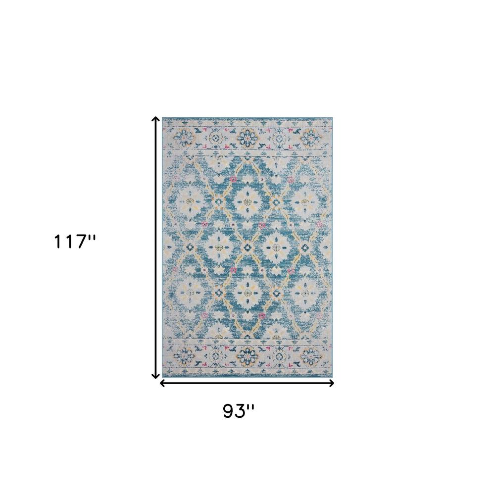 8' X 10' Blue And Gray Floral Stain Resistant Indoor Outdoor Area Rug. Picture 9