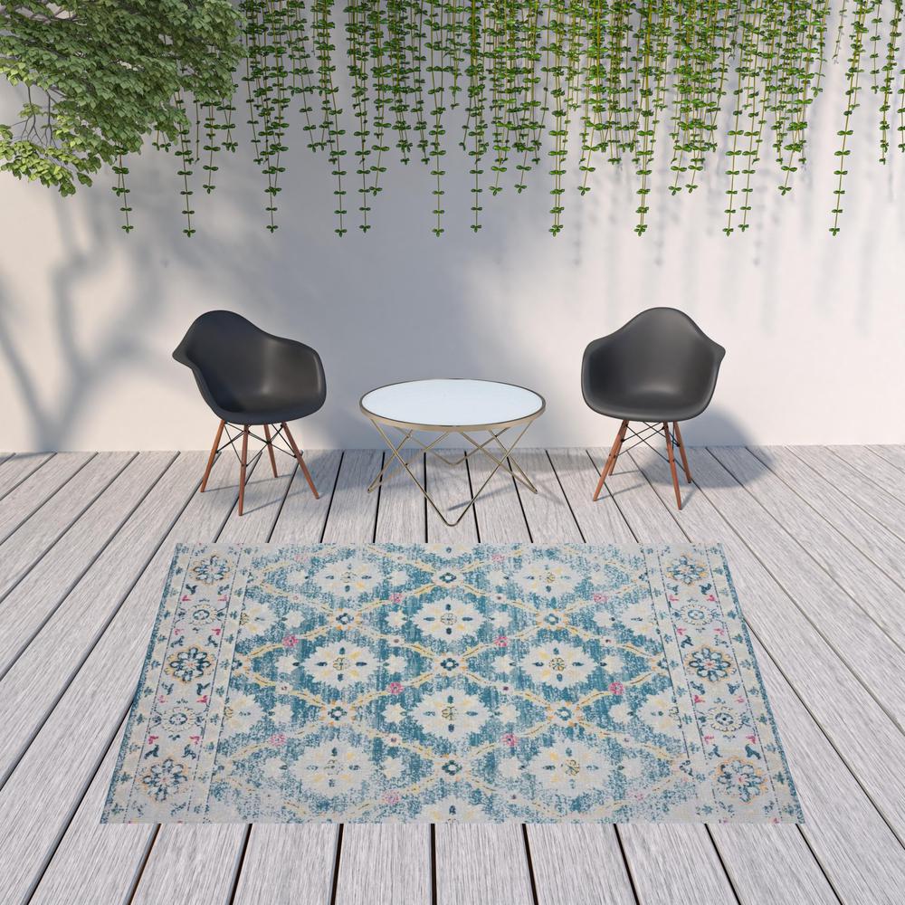 8' X 10' Blue And Gray Floral Stain Resistant Indoor Outdoor Area Rug. Picture 2