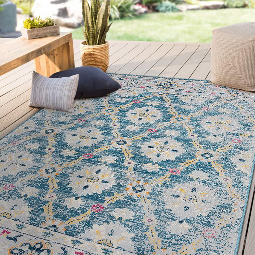8' X 10' Blue And Gray Floral Stain Resistant Indoor Outdoor Area Rug. Picture 8