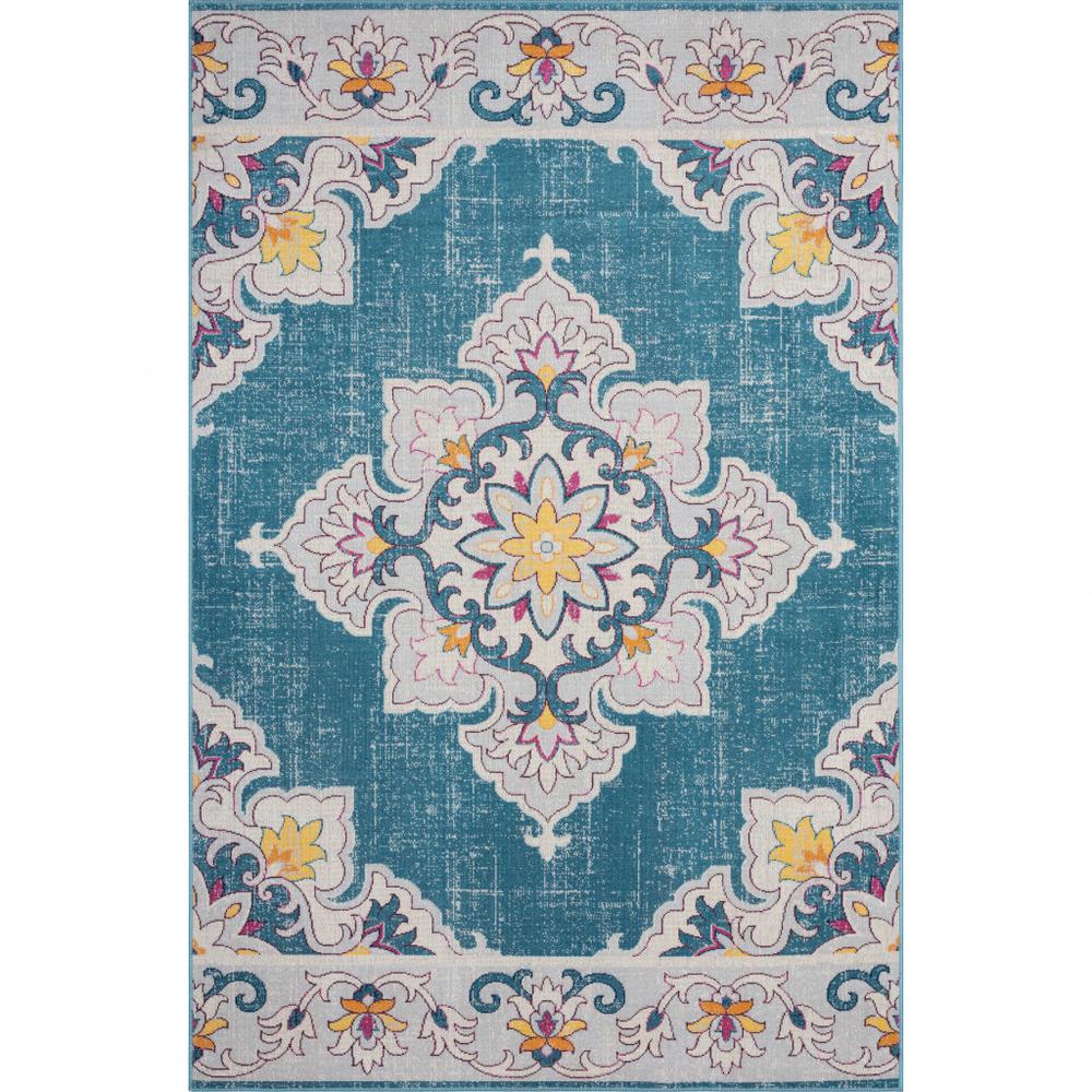 5' X 8' Blue And Ivory Floral Stain Resistant Indoor Outdoor Area Rug. Picture 1