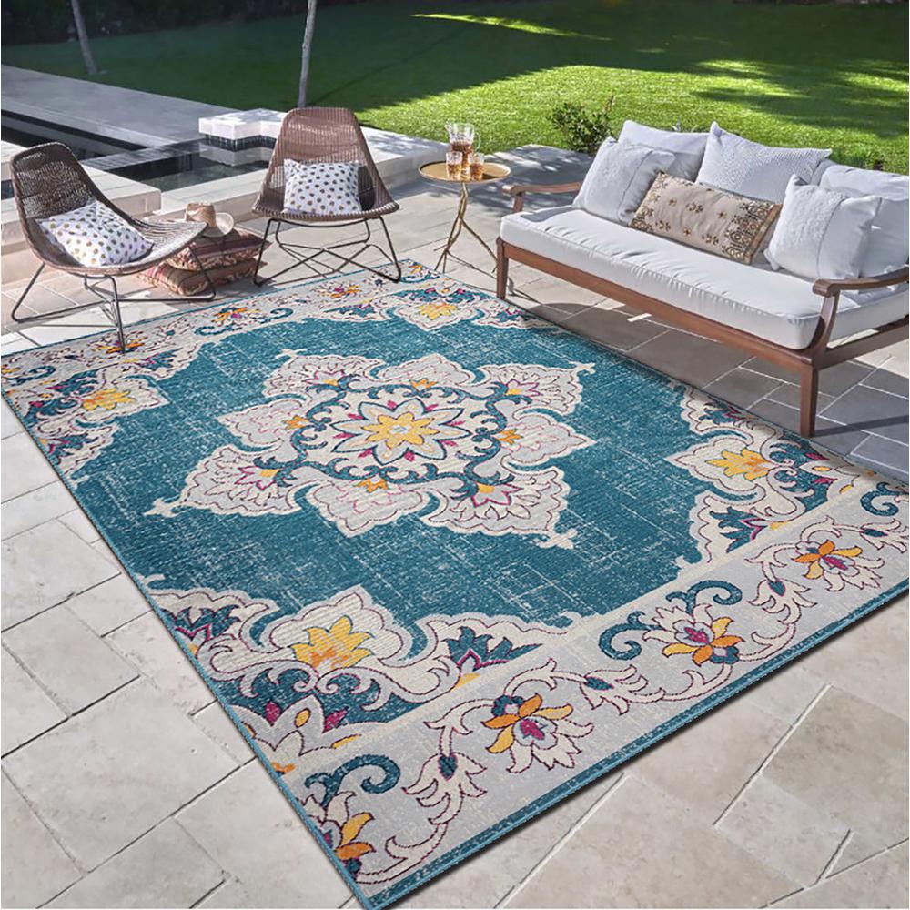 5' X 8' Blue And Ivory Floral Stain Resistant Indoor Outdoor Area Rug. Picture 9