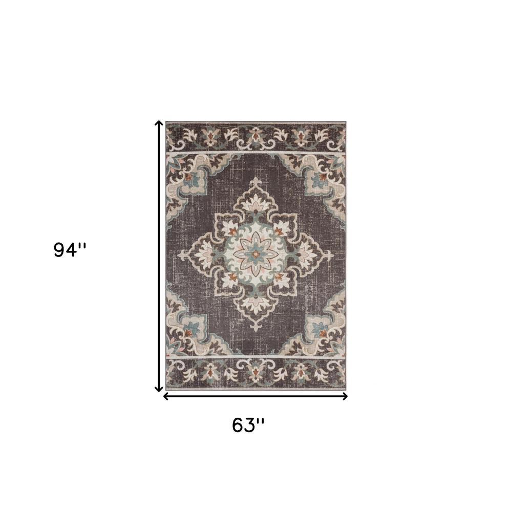 5' X 8' Brown Floral Stain Resistant Indoor Outdoor Area Rug. Picture 9