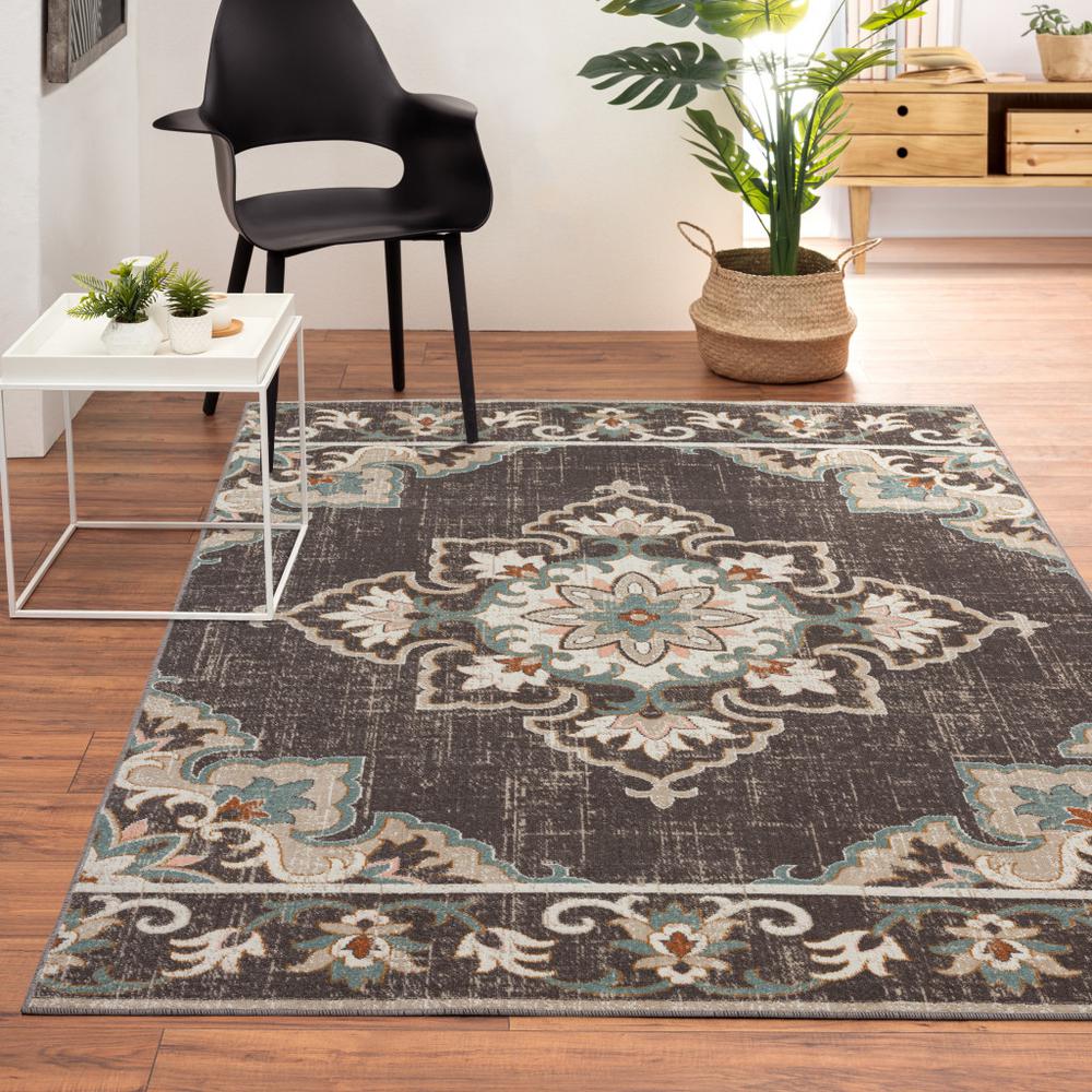 5' X 8' Brown Floral Stain Resistant Indoor Outdoor Area Rug. Picture 7