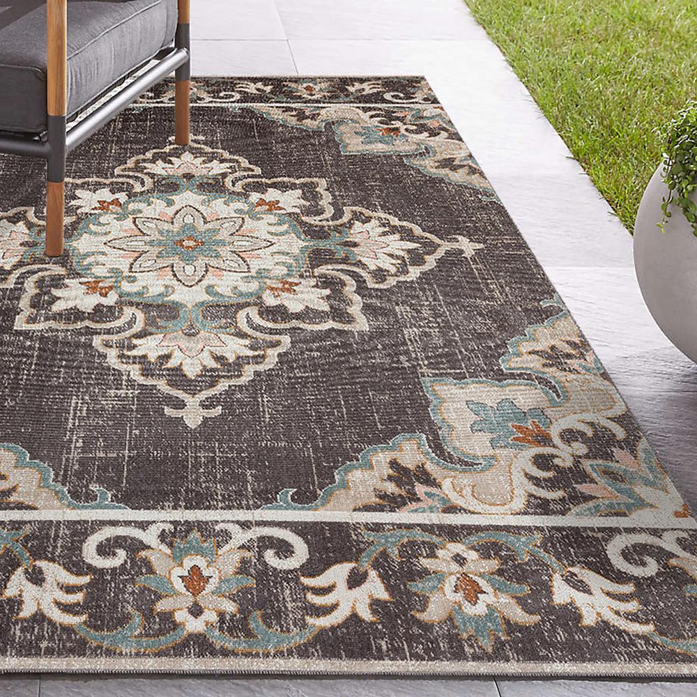5' X 8' Brown Floral Stain Resistant Indoor Outdoor Area Rug. Picture 8