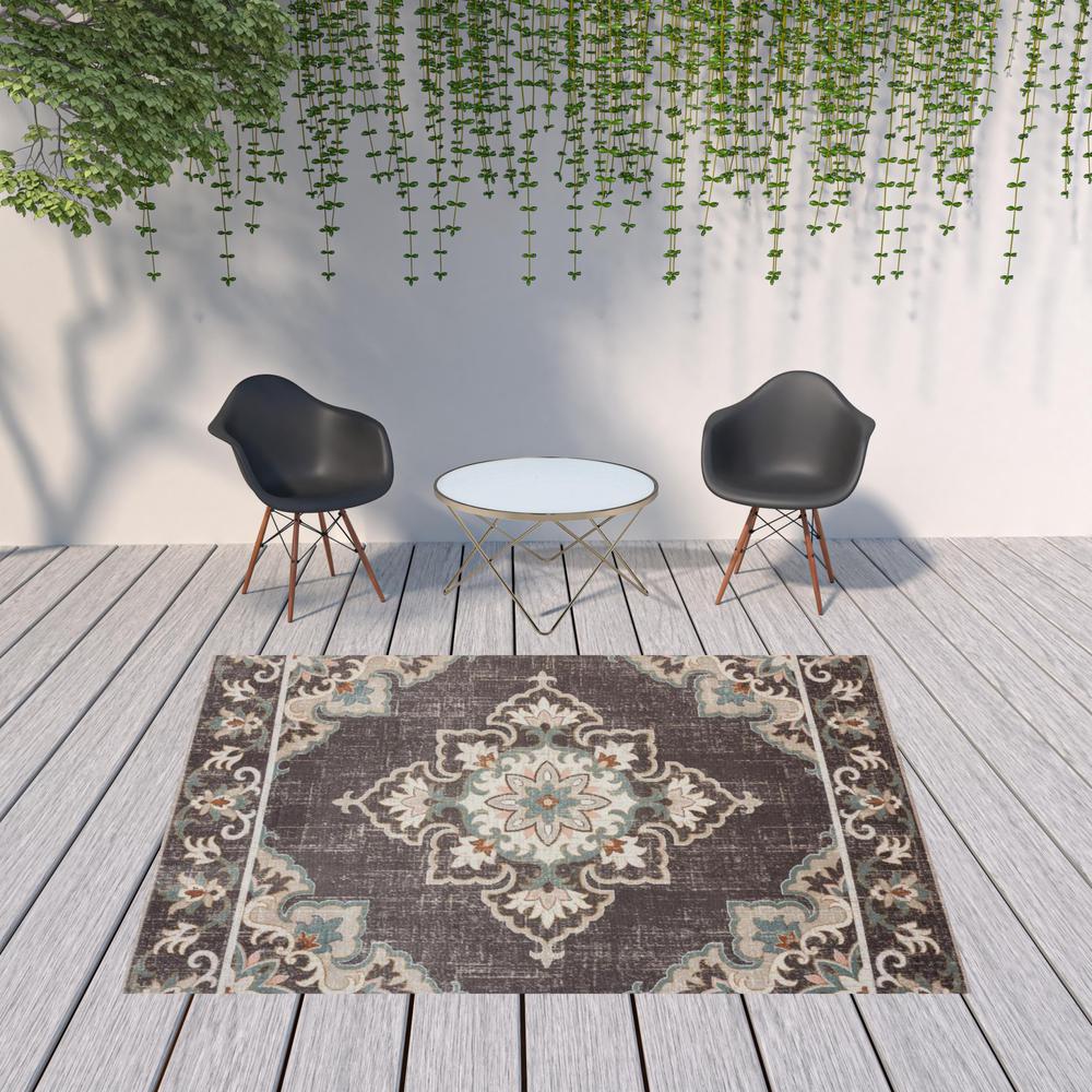 8' X 10' Brown Floral Stain Resistant Indoor Outdoor Area Rug. Picture 2