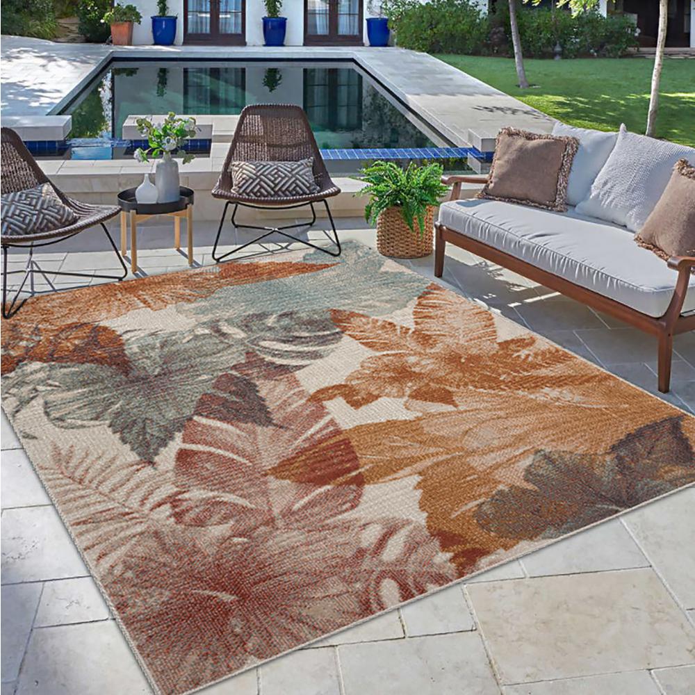 5' X 8' Cream Floral Stain Resistant Indoor Outdoor Area Rug. Picture 8