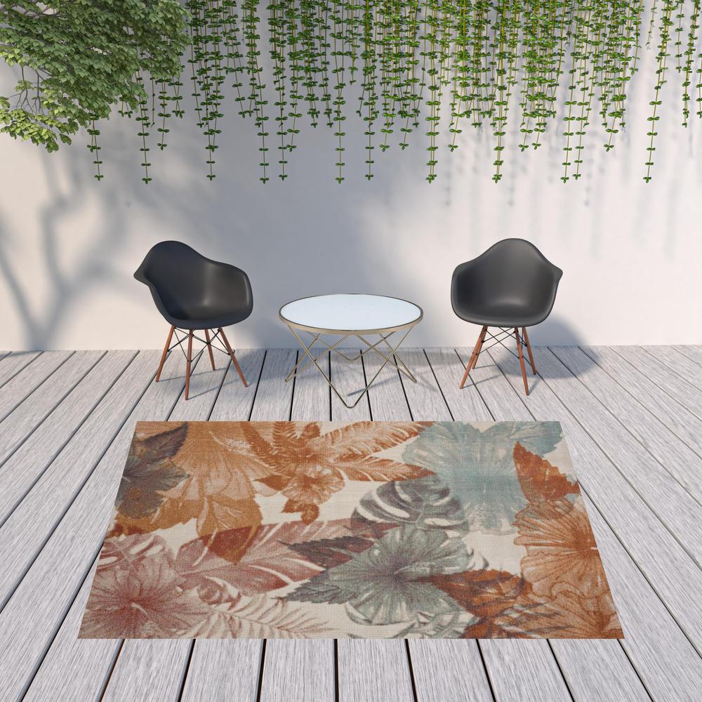8' X 10' Cream Floral Stain Resistant Indoor Outdoor Area Rug. Picture 2