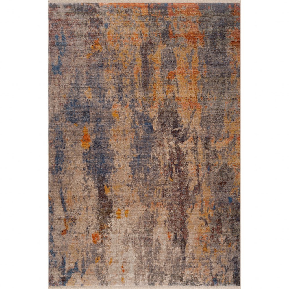 Gray Beige And Yellow Abstract Power Loom Distressed Stain Resistant Area Rug. Picture 1