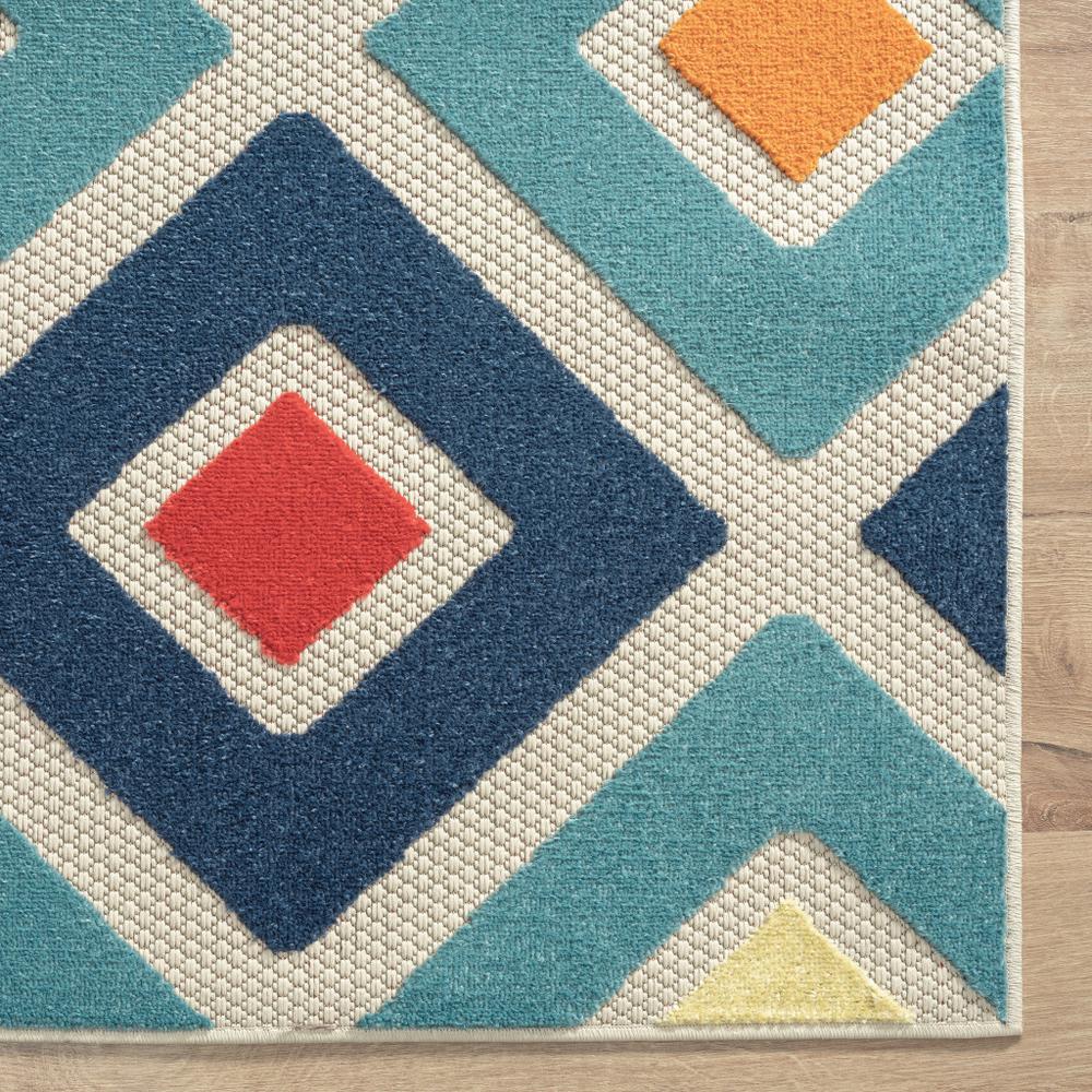 2' X 3' Blue And Ivory Geometric Stain Resistant Indoor Outdoor Area Rug. Picture 3