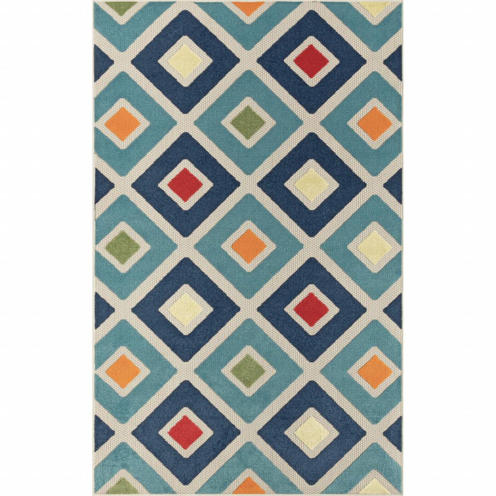 5' X 8' Blue And Ivory Geometric Stain Resistant Indoor Outdoor Area Rug. Picture 1