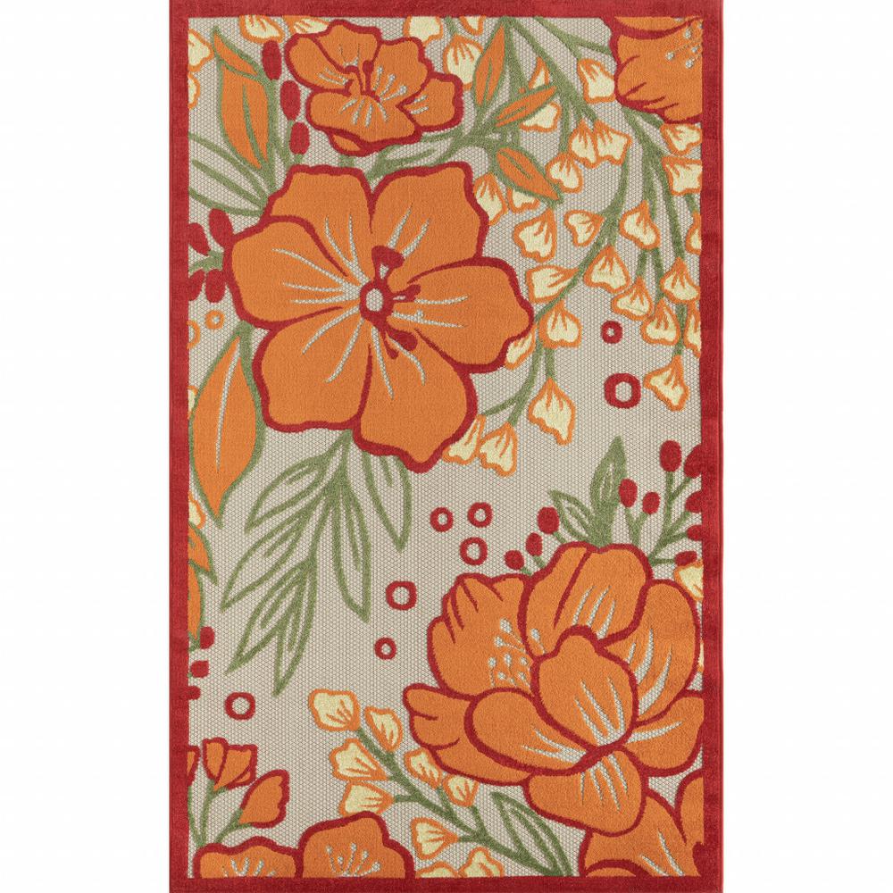 5' X 8' Orange And Ivory Floral Stain Resistant Indoor Outdoor Area Rug. Picture 1