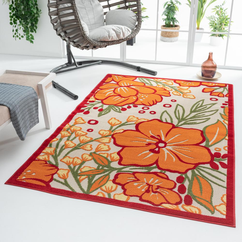 5' X 8' Orange And Ivory Floral Stain Resistant Indoor Outdoor Area Rug. Picture 7