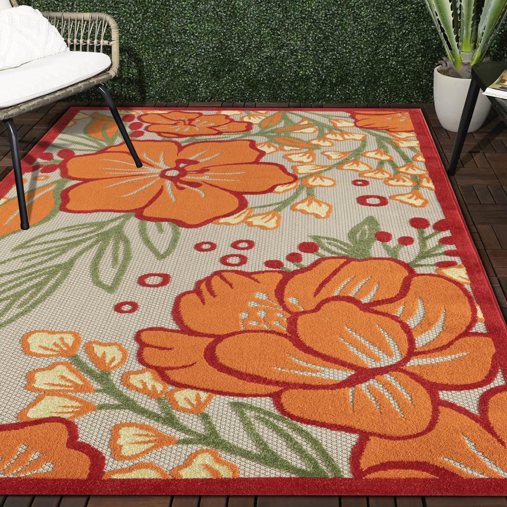 5' X 8' Orange And Ivory Floral Stain Resistant Indoor Outdoor Area Rug. Picture 8