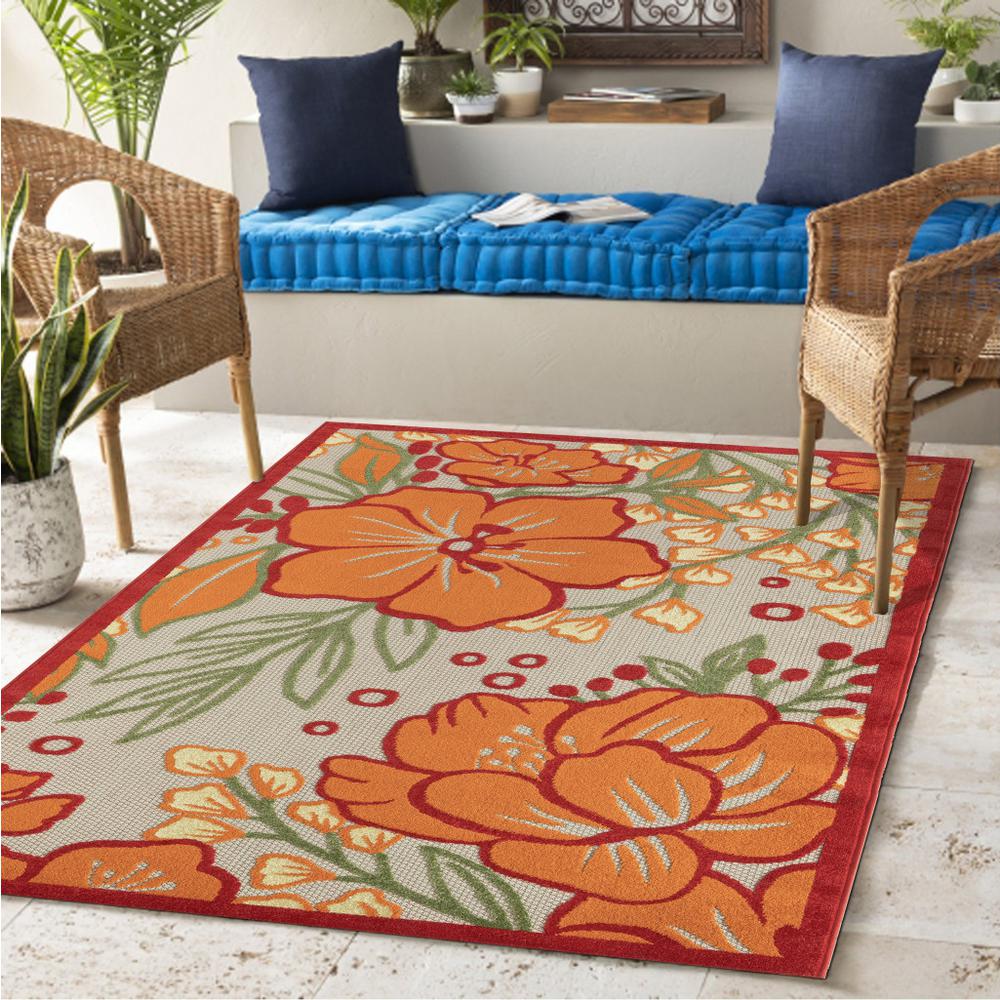 5' X 8' Orange And Ivory Floral Stain Resistant Indoor Outdoor Area Rug. Picture 9