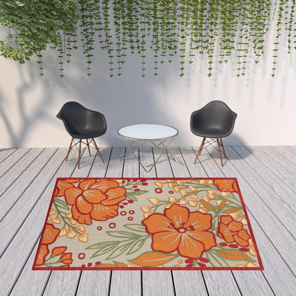 8' X 10' Orange And Ivory Floral Stain Resistant Indoor Outdoor Area Rug. Picture 2